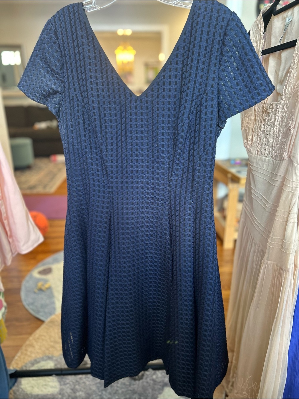 Maeve Navy Textured V-Neck Fit-and-Flare Dress